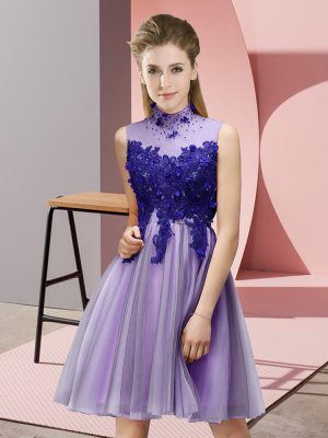 Cute Lavender Tulle Lace Up Dama Dress for Quinceanera Sleeveless Knee Length Appliques