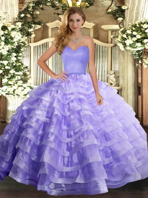 Shining Organza Sweetheart Sleeveless Lace Up Ruffled Layers Quinceanera Gowns in Lavender