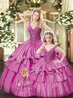 Glittering V-neck Sleeveless Organza 15th Birthday Dress Beading and Ruffled Layers Lace Up