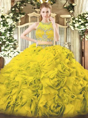 Classical Scoop Sleeveless Quinceanera Dress Floor Length Beading Yellow Green Fabric With Rolling Flowers