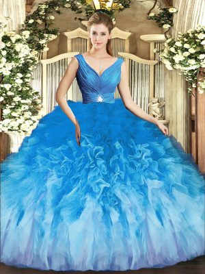 Multi-color V-neck Neckline Beading and Ruffles Quince Ball Gowns Sleeveless Backless