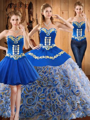 Custom Design Multi-color Three Pieces Satin and Fabric With Rolling Flowers Sweetheart Sleeveless Embroidery With Train Lace Up 15 Quinceanera Dress Sweep Train