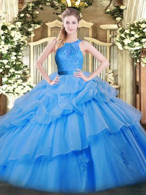 Baby Blue Ball Gowns Scoop Sleeveless Organza Floor Length Zipper Lace and Ruffled Layers Quinceanera Dresses