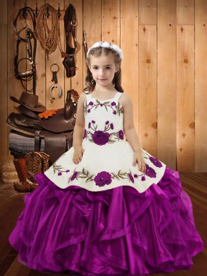 Fuchsia Straps Lace Up Embroidery and Ruffles Teens Party Dress Sleeveless
