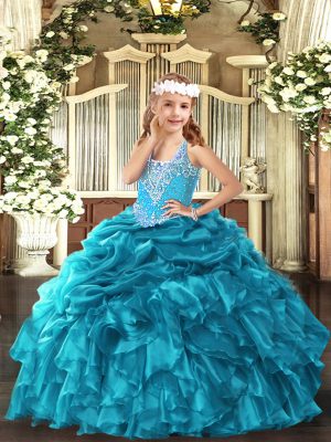 Organza V-neck Sleeveless Lace Up Beading and Ruffles and Pick Ups Party Dress for Girls in Teal