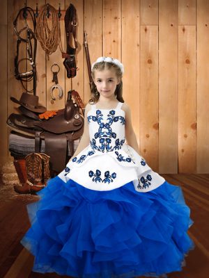 Straps Sleeveless Little Girls Pageant Dress Floor Length Embroidery and Ruffles Blue Organza