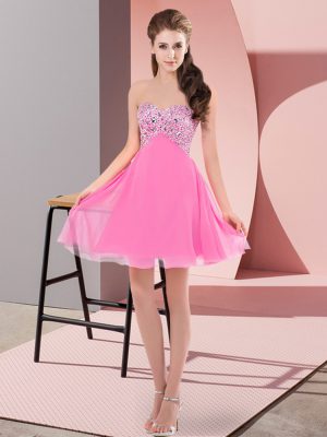 Sleeveless Chiffon Mini Length Lace Up Prom Evening Gown in Rose Pink with Beading