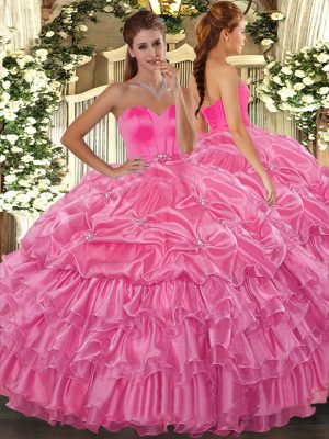 Designer Rose Pink Ball Gowns Beading and Ruffled Layers Sweet 16 Dresses Lace Up Organza Sleeveless Floor Length