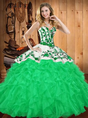 Green Satin and Organza Lace Up Sweetheart Sleeveless Floor Length Ball Gown Prom Dress Embroidery and Ruffles