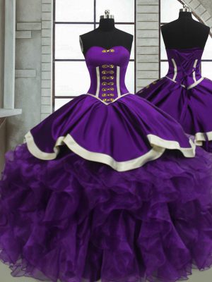 Purple Ball Gowns Sweetheart Sleeveless Satin and Organza Floor Length Lace Up Beading and Ruffles Sweet 16 Dresses