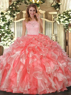 Floor Length Coral Red 15th Birthday Dress Organza Sleeveless Lace and Ruffles