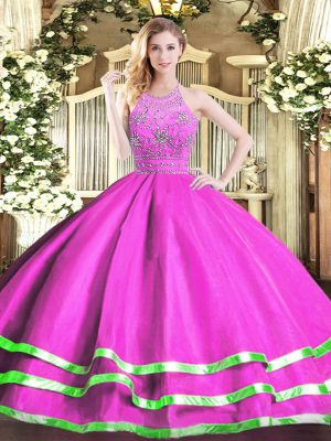 Luxury Fuchsia 15th Birthday Dress Military Ball and Sweet 16 and Quinceanera with Beading Halter Top Sleeveless Zipper