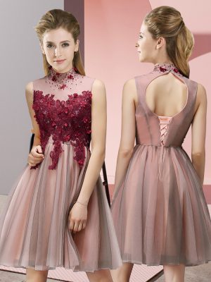 Peach Empire Tulle High-neck Sleeveless Appliques Knee Length Lace Up Bridesmaid Dress