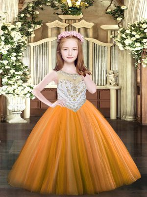 Orange Sleeveless Floor Length Beading Zipper Child Pageant Dress
