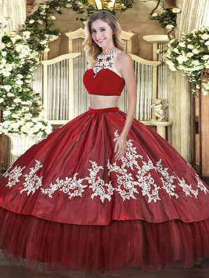 Dramatic Red Tulle Backless High-neck Sleeveless Floor Length Quinceanera Gowns Beading and Appliques