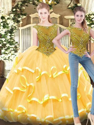 Free and Easy Gold Sleeveless Floor Length Beading and Ruffled Layers Zipper Quince Ball Gowns