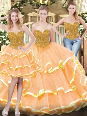 Free and Easy Peach Ball Gowns Tulle Sweetheart Sleeveless Beading and Ruffled Layers Floor Length Lace Up 15 Quinceanera Dress