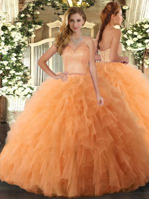 Orange Ball Gowns Tulle Sweetheart Sleeveless Ruffles Floor Length Lace Up Quince Ball Gowns