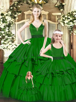 Green Organza Zipper V-neck Sleeveless Floor Length Sweet 16 Quinceanera Dress Beading and Ruffled Layers