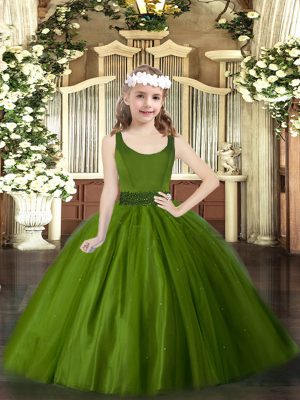 Stylish Olive Green Ball Gowns Tulle Scoop Sleeveless Beading Floor Length Zipper Pageant Dress Womens