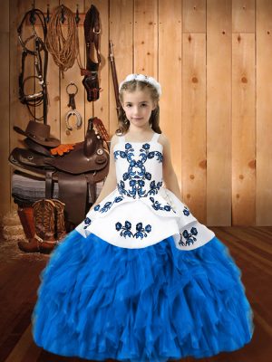 Blue Lace Up Little Girl Pageant Dress Embroidery and Ruffles Sleeveless Floor Length