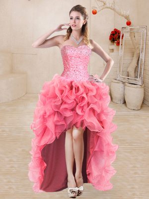 Cheap Watermelon Red A-line Sweetheart Sleeveless Organza High Low Lace Up Beading and Ruffles Prom Gown