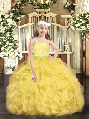 Luxurious Gold Organza Zipper Little Girl Pageant Gowns Sleeveless Floor Length Beading and Lace and Ruffles