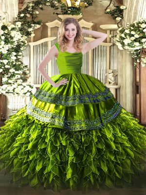 Floor Length Zipper Quinceanera Gowns Olive Green for Military Ball and Sweet 16 and Quinceanera with Beading and Lace and Ruffles