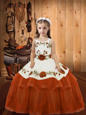 Elegant Organza Straps Sleeveless Lace Up Embroidery and Ruffled Layers Little Girls Pageant Dress Wholesale in Rust Red