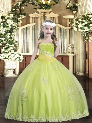 Yellow Green Straps Lace Up Appliques and Sequins Pageant Gowns For Girls Sleeveless