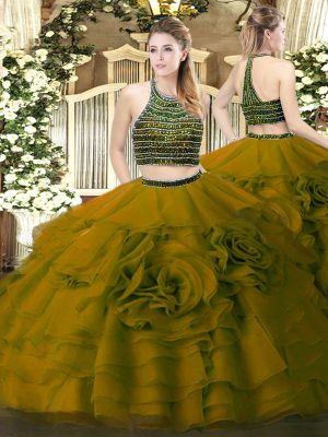 Cute Two Pieces Sweet 16 Quinceanera Dress Olive Green Halter Top Tulle Sleeveless Floor Length Zipper