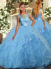 Floor Length Baby Blue Quinceanera Dress Tulle Sleeveless Beading and Ruffles