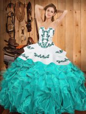 Aqua Blue Sleeveless Floor Length Embroidery and Ruffles Lace Up Ball Gown Prom Dress