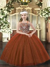 Elegant Rust Red Little Girl Pageant Dress Party and Quinceanera with Beading Straps Sleeveless Lace Up