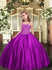 Purple Lace Up Straps Beading Juniors Party Dress Satin Sleeveless