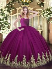 Glittering Fuchsia Zipper Straps Beading and Appliques Quinceanera Dress Tulle Sleeveless
