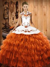 Halter Top Sleeveless Sweet 16 Dress Floor Length Embroidery and Ruffled Layers Rust Red Satin and Organza