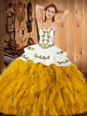 Fantastic Gold Lace Up Vestidos de Quinceanera Embroidery and Ruffles Sleeveless Floor Length