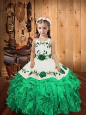 Turquoise Straps Neckline Embroidery and Ruffles Little Girls Pageant Gowns Sleeveless Lace Up