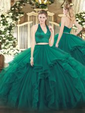 Beautiful Dark Green Two Pieces Organza Halter Top Sleeveless Ruffles Floor Length Zipper Quinceanera Gowns