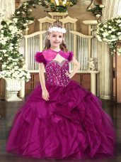 Fuchsia Ball Gowns Organza Straps Sleeveless Beading and Ruffles Floor Length Lace Up Party Dresses