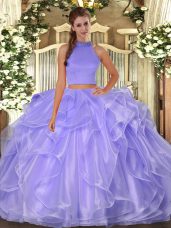 Decent Lavender Organza Side Zipper Ball Gown Prom Dress Sleeveless Floor Length Beading and Ruffles