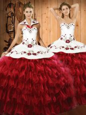 Wine Red Ball Gowns Organza Halter Top Sleeveless Embroidery and Ruffled Layers Floor Length Lace Up Quince Ball Gowns