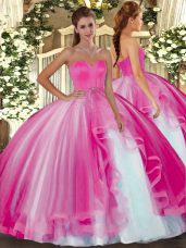 Custom Fit Hot Pink Ball Gowns Tulle Sweetheart Sleeveless Beading Floor Length Lace Up Sweet 16 Dress