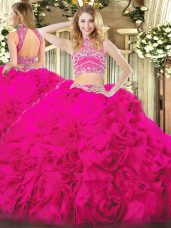 Elegant Floor Length Backless Quinceanera Dresses Hot Pink for Military Ball and Sweet 16 and Quinceanera and Beach with Beading and Ruffles