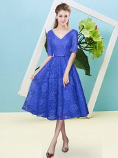 Tea Length Empire Half Sleeves Royal Blue Quinceanera Court of Honor Dress Lace Up