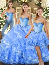 High Class Light Blue Organza Lace Up Sweetheart Sleeveless Floor Length Ball Gown Prom Dress Beading and Ruffles