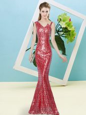 Dynamic Red Sleeveless Floor Length Sequins Zipper Prom Party Dress