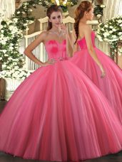 Coral Red Tulle Lace Up 15th Birthday Dress Sleeveless Floor Length Beading