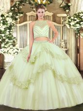 Fashionable Yellow Green Two Pieces Scoop Sleeveless Tulle Floor Length Zipper Beading and Appliques Quinceanera Dress